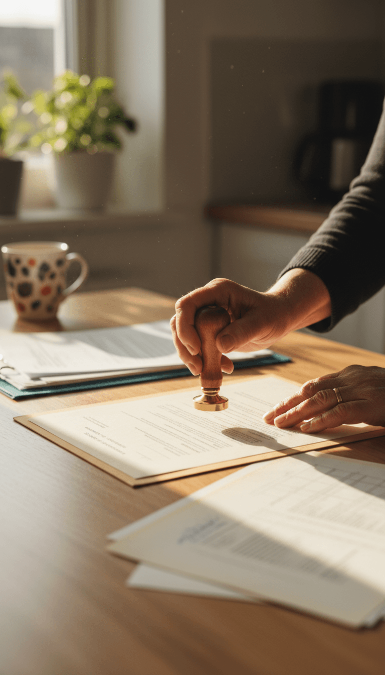 Notary stamping a document at a home table
